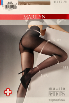 Opakowanie rajstop Marilyn RELAX 20, czarne, uciskowe, z modelką. Widoczne punkty nacisku.