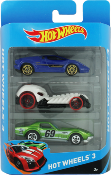 Hot Wheels 3-pak: niebieski supersamochód, biały fantasy i zielony klasyk w niebieskim opakowaniu, widok z przodu.