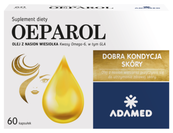 Białe opakowanie suplementu OEPAROL z olejem z wiesiołka, dla kondycji skóry. Widoczna złota kropla i Adamed, 60 kapsułek.