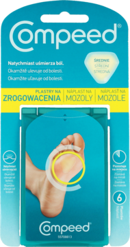 Przednie opakowanie Compeed plastrów na zrogowacenia, niebiesko-zielone, 6 sztuk, z ulgą w bólu i widokiem plastra na stopie.