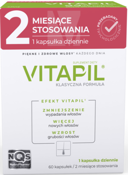 VITAPIL suplement diety na włosy w białym pudełku, widok z przodu, czerwony napis "2 miesiące stosowania".