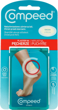 Compeed plastry na pęcherze średnie w niebiesko-zielonym opakowaniu kartonowym, widok z przodu.