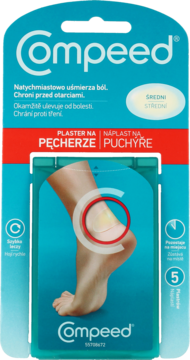 Compeed plastry na pęcherze średnie w niebiesko-zielonym opakowaniu kartonowym, widok z przodu.