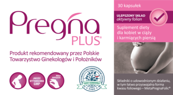Pregna PLUS, suplement diety dla kobiet w ciąży i karmiących, biało-różowe opakowanie z aktywnym folianem.