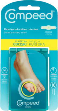 Compeed plastry na odciski w niebieskim opakowaniu, z grafiką stopy z plastrem, widok z przodu.