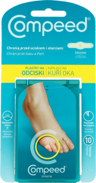 Compeed plastry na odciski w niebieskim opakowaniu, z grafiką stopy z plastrem, widok z przodu.
