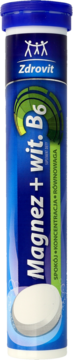 Zdrovit Magnez + wit. B6 musujące tabletki w niebieskiej tubie, widok z przodu, z grafiką rozpuszczającej się tabletki.