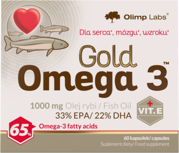 Gold Omega 3 Olimp Labs, 65 kapsułek oleju rybiego z wit. E dla serca, mózgu, wzroku, przód.