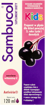 Sambucol Kids płynny suplement diety z czarnym bzem i witaminą C, pionowe biało-różowe opakowanie, widok z przodu.