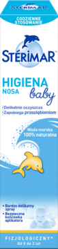 STÉRIMAR Higiena Nosa Baby, spray do nosa dla dzieci 0-3 lat. Biało-niebieskie opakowanie z delfinami.