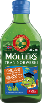 MÖLLER'S Tran Norweski ,tran Omega-3 + witamina D3 600 IU, o aromacie owocowym, suplement diety,przód
