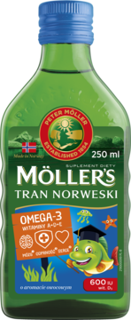 Zielona butelka Möller's Tran Norweski 250ml o owocowym aromacie. Etykieta z rybą, Omega-3 i wit. A-D-E.