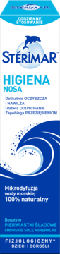 Stérimar higiena nosa, niebiesko-białe pudełko z naturalną wodą morską i delfinem, widok z przodu.