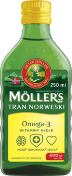 Zielona butelka Möller's Tran Norweski Omega-3, witaminy A+D+E, o smaku cytrynowym, widok z przodu.