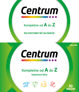 Dwa, poziomo podzielone ujęcia opakowania Centrum multivitamins: zielono-białe, z tekstem i ikonami.