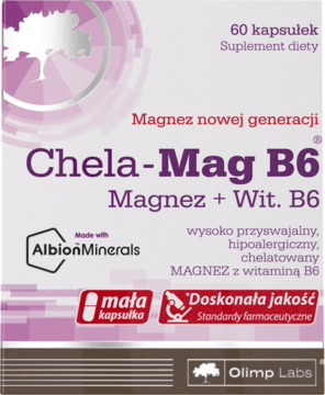 Chela-Mag B6, chelatowany magnez z Wit. B6, w fioletowo-białym opakowaniu, widok z przodu.