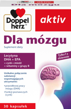 Doppelherz aktiv Dla mózgu, suplement z DHA i cynkiem, w biało-fioletowym pudełku z rysunkiem mózgu, widok z przodu.