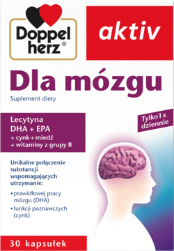 Biało-czerwone pudełko suplementu Doppelherz aktiv Dla mózgu, z grafiką mózgu i tekstem: Lecytyna, DHA, EPA.