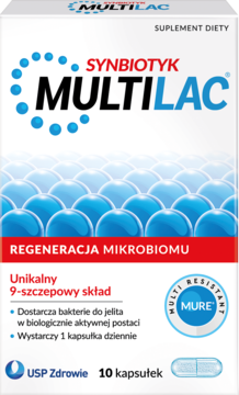 Białe opakowanie Multilac Synbiotyk, 10 kapsułek, z niebieskim napisem i detalem „9-szczepowy skład”. Widok z przodu.