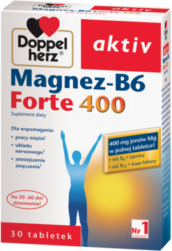 Białe pudełko Doppelherz aktiv Magnez-B6 Forte 400 mg, suplement diety na mięśnie i nerwy, 30 tabletek.