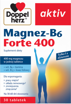 Doppelherz aktiv Magnez-B6 Forte 400 suplement diety, 30 tabletek. Biało-czerwone opakowanie, widok z przodu, sylwetka osoby.