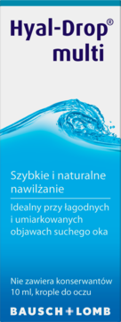 Hyal-Drop multi krople do oczu, białe opakowanie z niebieską falą, przód, napis BAUSCH+LOMB.