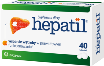 Zielono-białe pudełko suplementu diety Hepatil, wspierającego wątrobę, widok pod kątem, z dwiema białymi tabletkami.