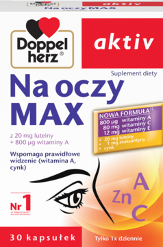 Opakowanie suplementu Doppelherz aktiv Na oczy MAX, białe z czerwonymi sercami, grafiką oka i napisem 30 kapsułek.