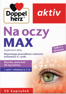 Białe opakowanie Doppelherz aktiv Na oczy MAX, suplementu z luteiną i witaminami dla prawidłowego widzenia.