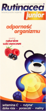 Rutinacea Junior syrop dla dzieci, białe opakowanie z misiem, malinami i porzeczkami. Widok z przodu.