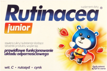 Rutinacea Junior, białe pudełko suplementu na odporność z kreskówkowym misiem i truskawkami, widok frontalny.