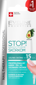 Eveline Nail Therapy: profesjonalny krem-żel do usuwania skórek z awokado, białe pudełko, widok z przodu.