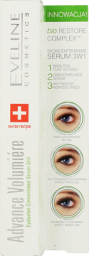 Eveline Advance Volumiere, skoncentrowane serum do rzęs 3w1 w biało-zielonym pudełku z ilustracjami oczu, widok z przodu.