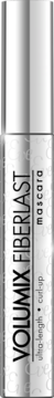 Srebrna tubka tuszu Volumix Fiberlast, pionowo, z białym napisem i subtelnym wzorem.