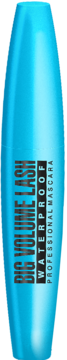Jasnoniebieska maskara wodoodporna Big Volume Lash, pionowo ustawiona. Na butelce czarny napis i białe "WATERPROOF".
