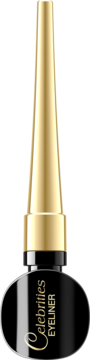 Czarny eyeliner Celebrities w błyszczącej butelce ze złotą stożkową nakrętką, pionowy widok z przodu.