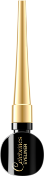 Czarny eyeliner Celebrities w butelce z błyszczącą, złotą zakrętką. Stoi pionowo na ciemnym tle.
