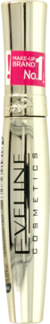 Złoty tusz do rzęs Eveline Cosmetics, buteleczka z różową etykietą "MAKE-UP BRAND No. 1", widok z przodu.