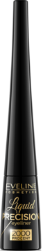 Eveline Cosmetics Liquid Precision eyeliner w czarnej butelce ze złotymi napisami, widok z przodu.