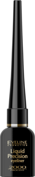 Eveline Liquid Precision eyeliner w czarnej butelce ze złotym napisem i stożkowym aplikatorem, widok z przodu.