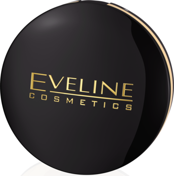 Eveline Cosmetics Puder Celebrities, czarny okrągły kompakt z satynowym połyskiem i złotym logo, widok z góry.