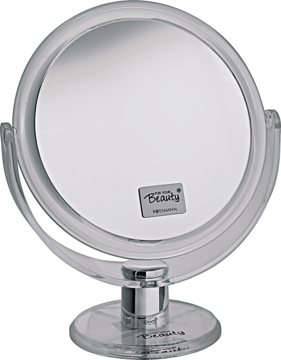 Dwustronne lusterko stojące, okrągłe, powiększające x10 (17 cm), z przezroczystą ramą, widok z przodu.