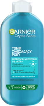 Niebieski tonik Garnier Czysta Skóra z niacynamidem, widok przodu butelki, zwęża pory i matuje skórę.