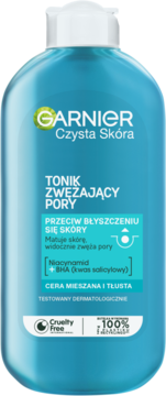 Niebieski tonik Garnier Czysta Skóra zwężający pory z niacynamidem i BHA, do cery tłustej, widok z przodu.