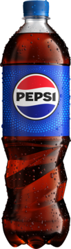 Butelka napoju Pepsi Cola z niebieską nakrętką i etykietą, pokryta kroplami wody, widok z przodu.