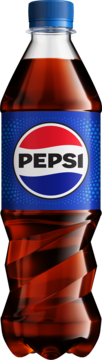 Pionowy widok pełnej plastikowej butelki Pepsi Cola, napoju gazowanego o smaku coli, z niebieską nakrętką.