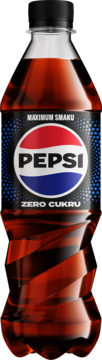 Butelka Pepsi Max Zero Cukru z czarną etykietą i logo, widok z przodu. Zawiera substancje słodzące.
