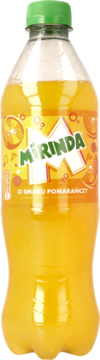 Butelka napoju gazowanego Mirinda Orange, pomarańczowa ciecz, zielona zakrętka, etykieta z owocami, widok z przodu.