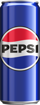 Pionowa puszka napoju gazowanego Pepsi Cola, błyszcząca, z klasycznym niebiesko-czerwonym logo.