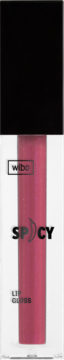 Różowy, błyszczący lip gloss WIBO Spicy w tubce z czarną zakrętką, widok z przodu, z napisem Spicy.